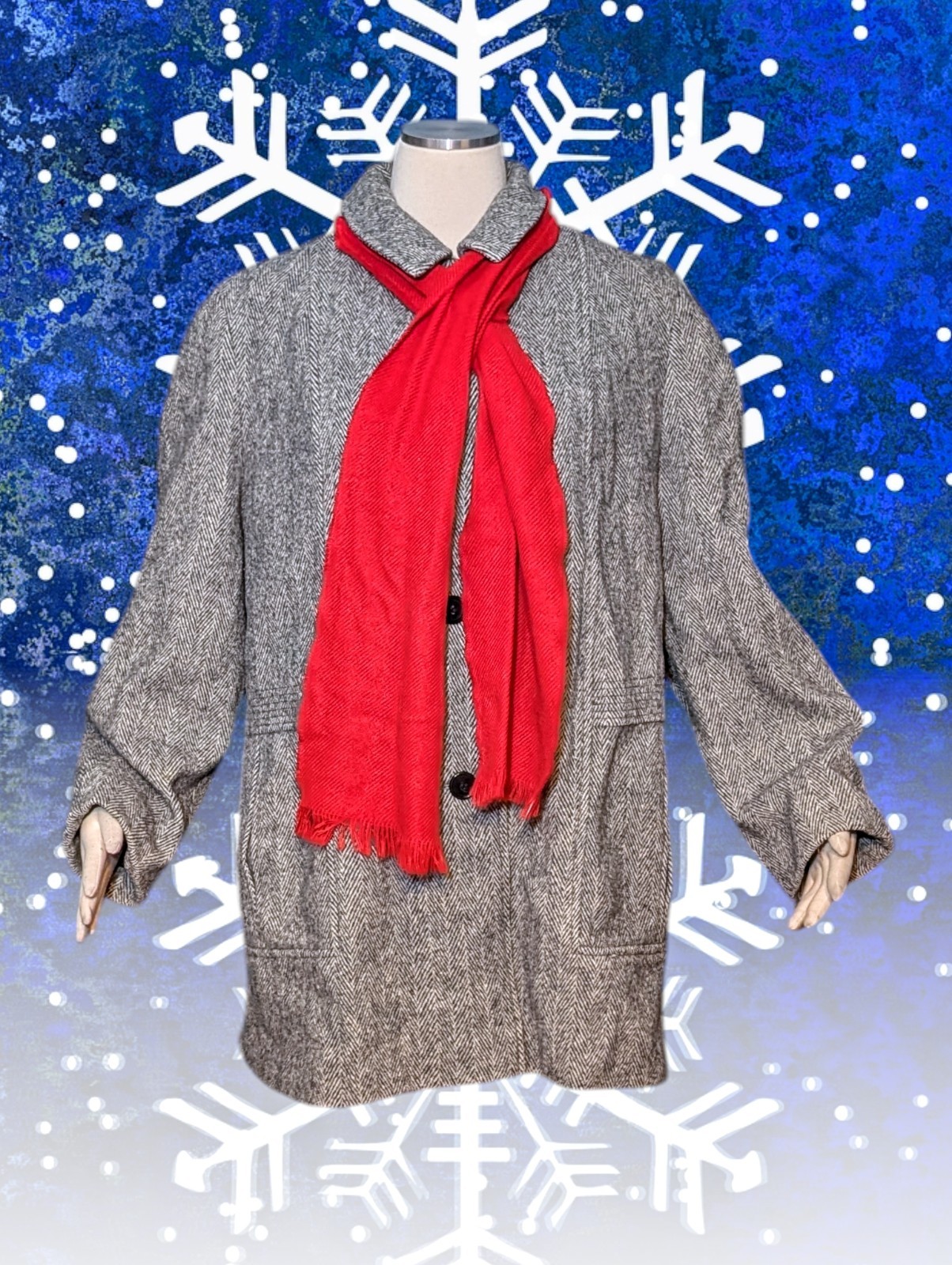 WELLINGTON FASHIONS Herringbone WOOL Pea Coat BUTTON UP Gray White Women’s M – L