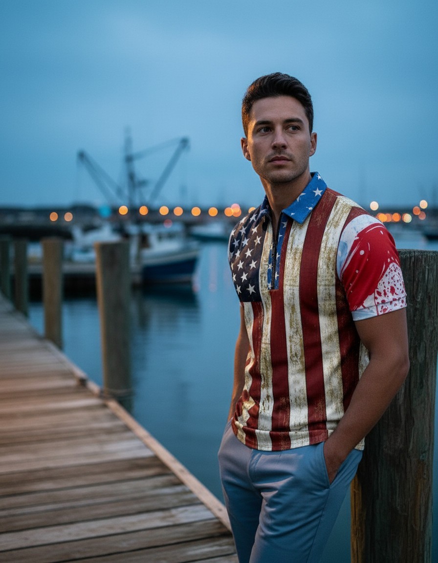Patriotic Polo T-Shirt Men USA American Flag Distressed Golf Fashion Zipper Soft