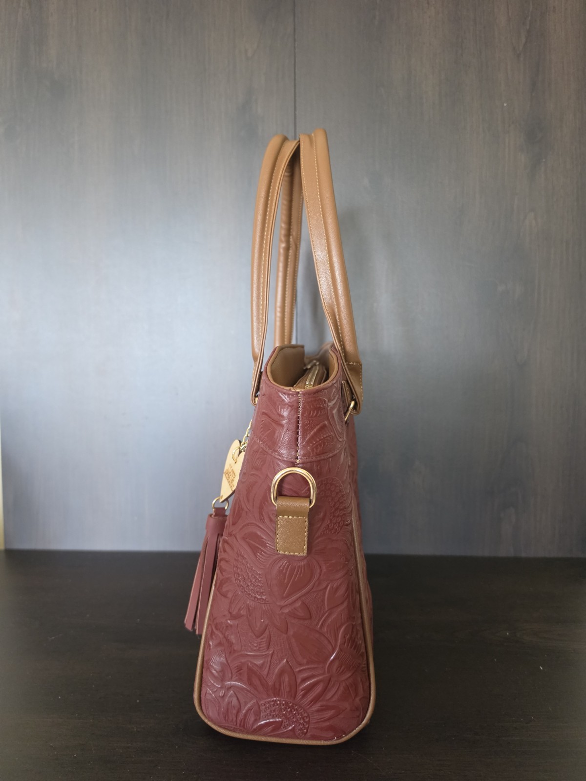 Sunflower Red Wine Brown Embossed Tooled Artisan Mexican LEATHER Purse Handbag
