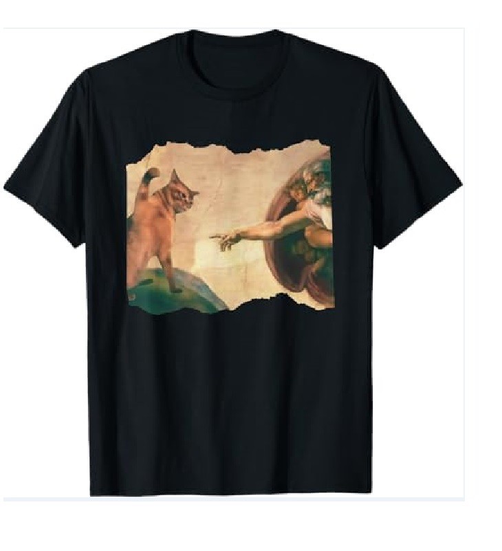 Funny Cat Swatting God’s Hand Parody Tees T Shirts for Men and Women