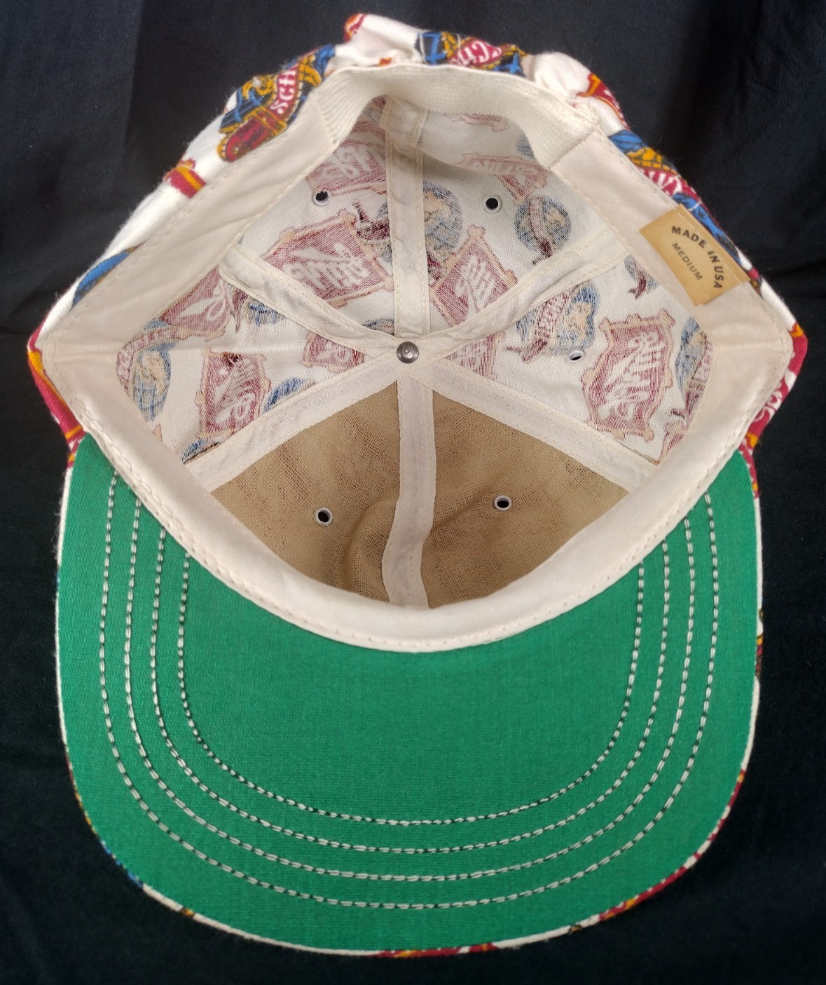 Vintage Schlitz Beer All Over Print Hat Made USA Green Bill | Size 21-22″ Circ.