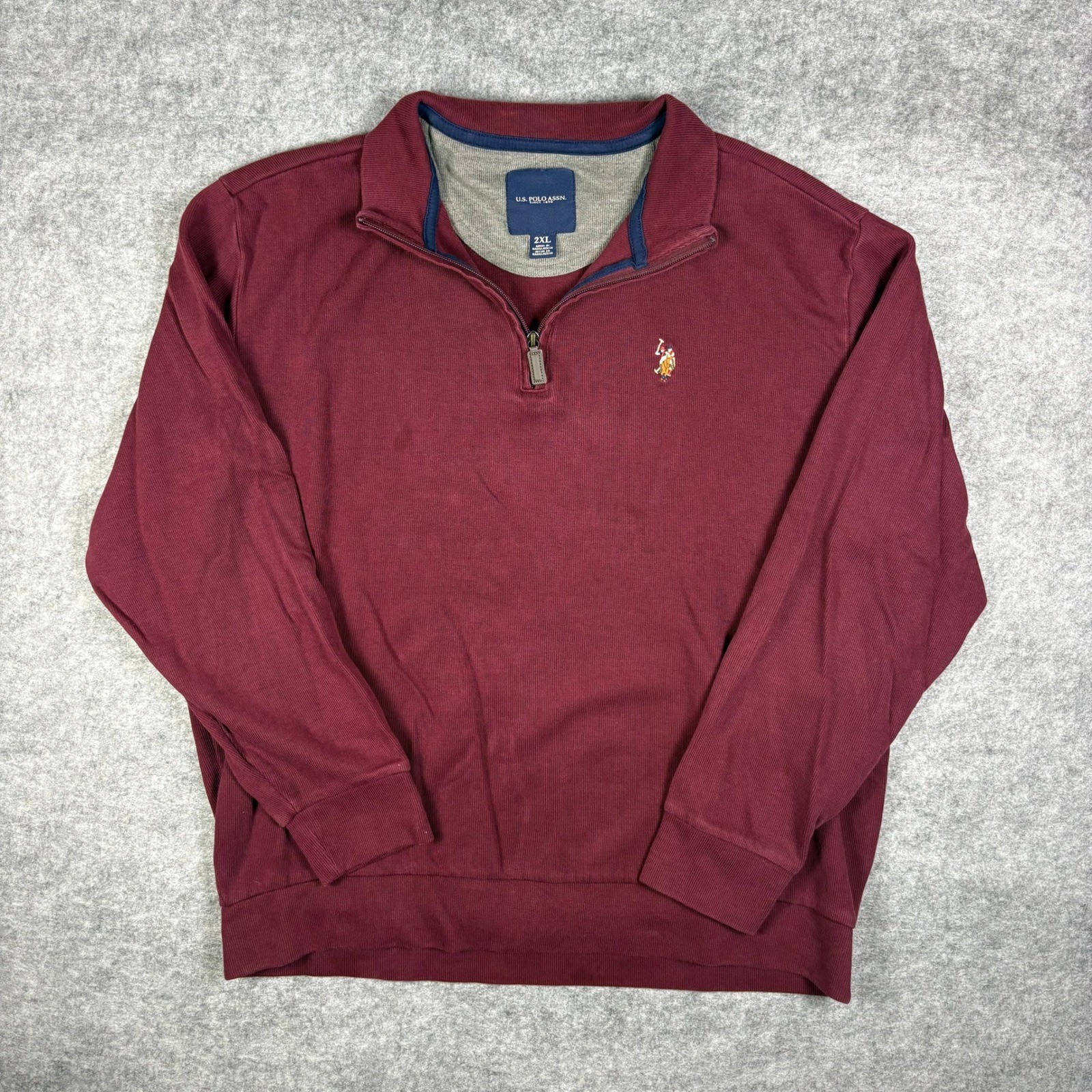 US Polo Assn Quarter Zip Pullover Sweater Mens 2XL Burgundy Ribbed Mock Neck