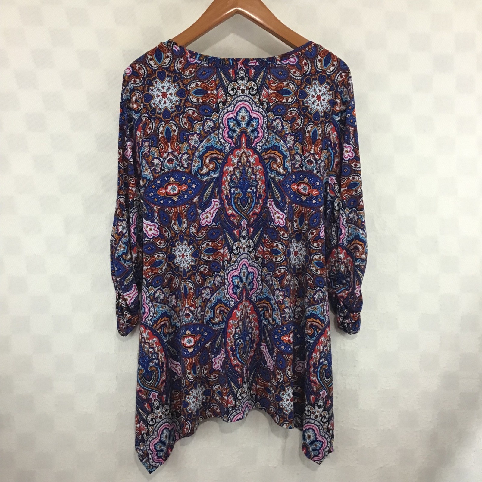 Grace Elements Womens XL Paisley Tunic Top Ruched Sleeve Sharkbite Hem Blue Boho