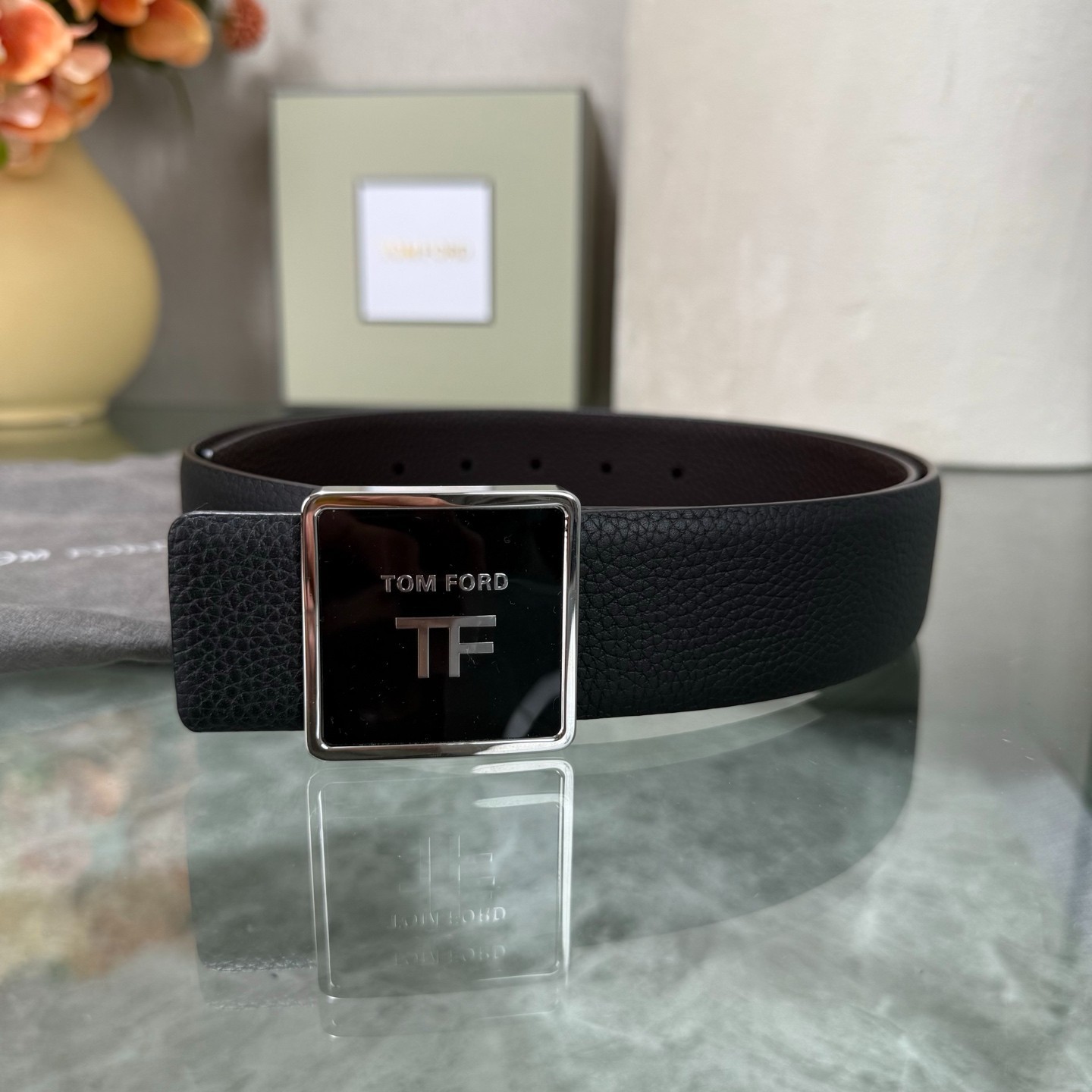 Authentic Tom Ford Reversible Leather T-Buckle Belt Luxury Designer Fashion