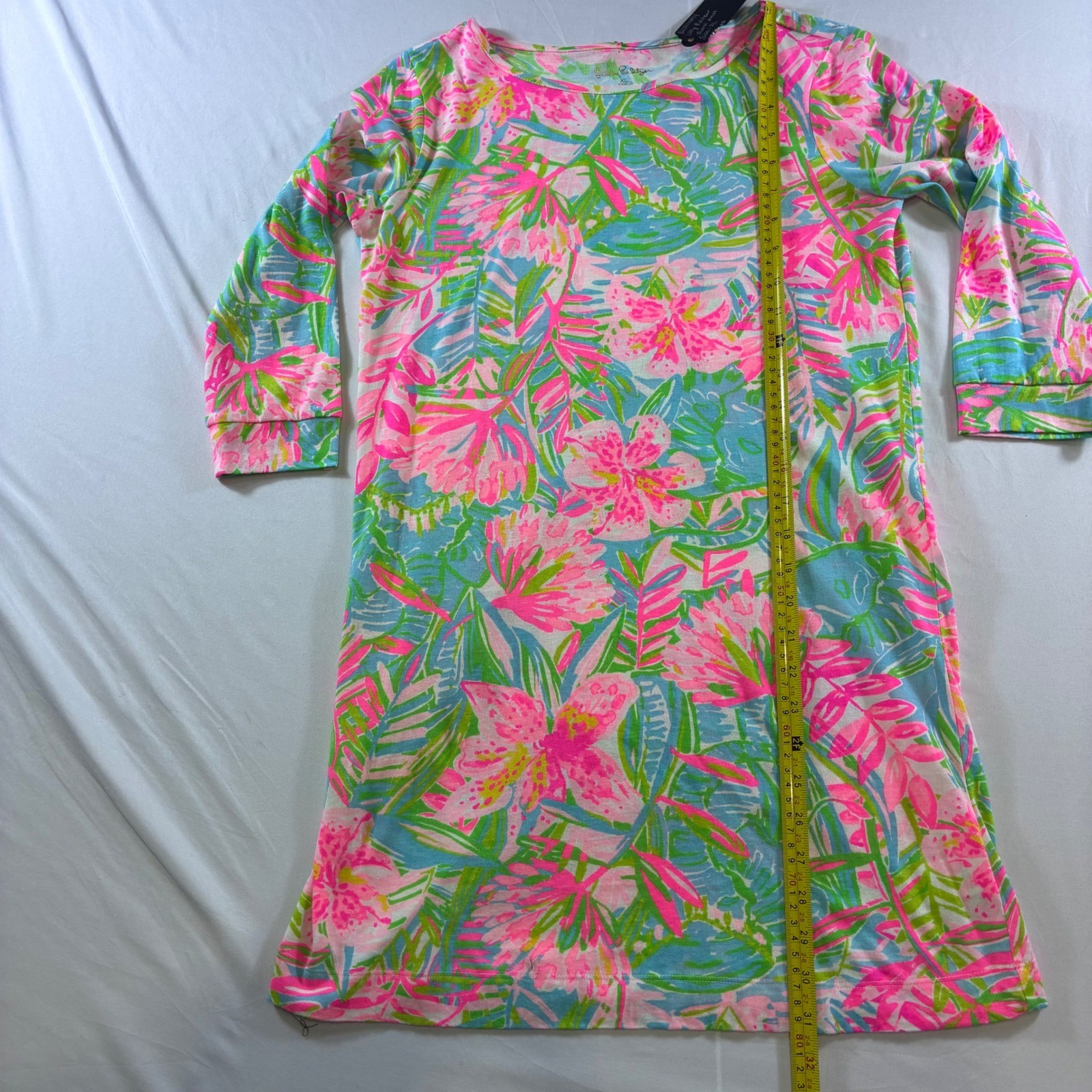 Lilly Pulitzer Womens XL Pink Blue Tropical Floral Cotton 3/4 Sleeve Shift Dress