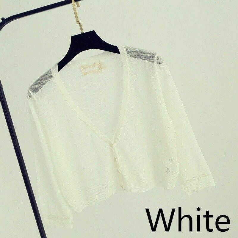 Women Sweater Shrug Crop Top Coat 3/4 Sleeve Knit Cardigan Button Down Sheer