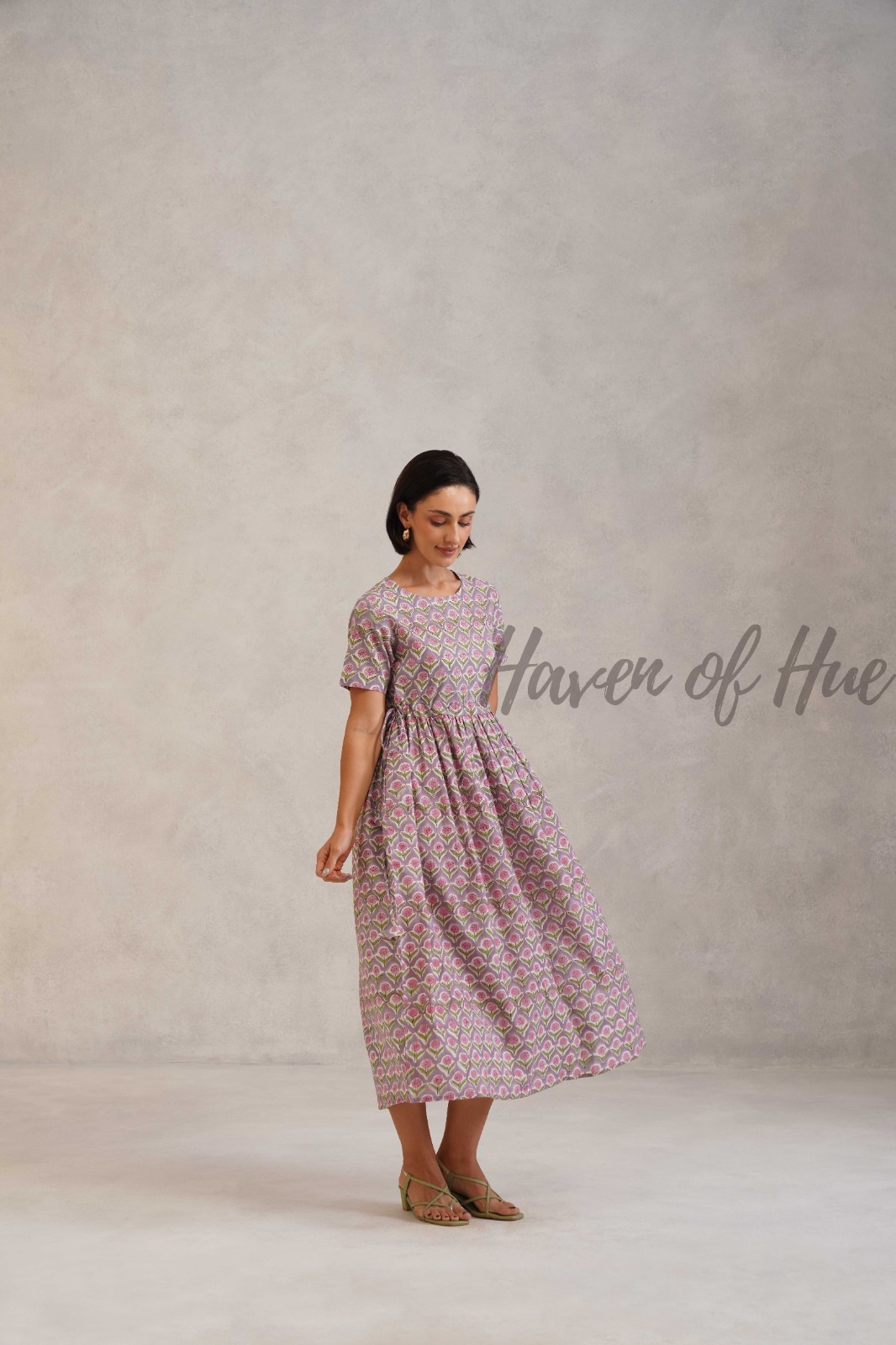 Partywear Bohemian Cotton Midi Dress: Hand Block Print, Adjustable Waist Ties