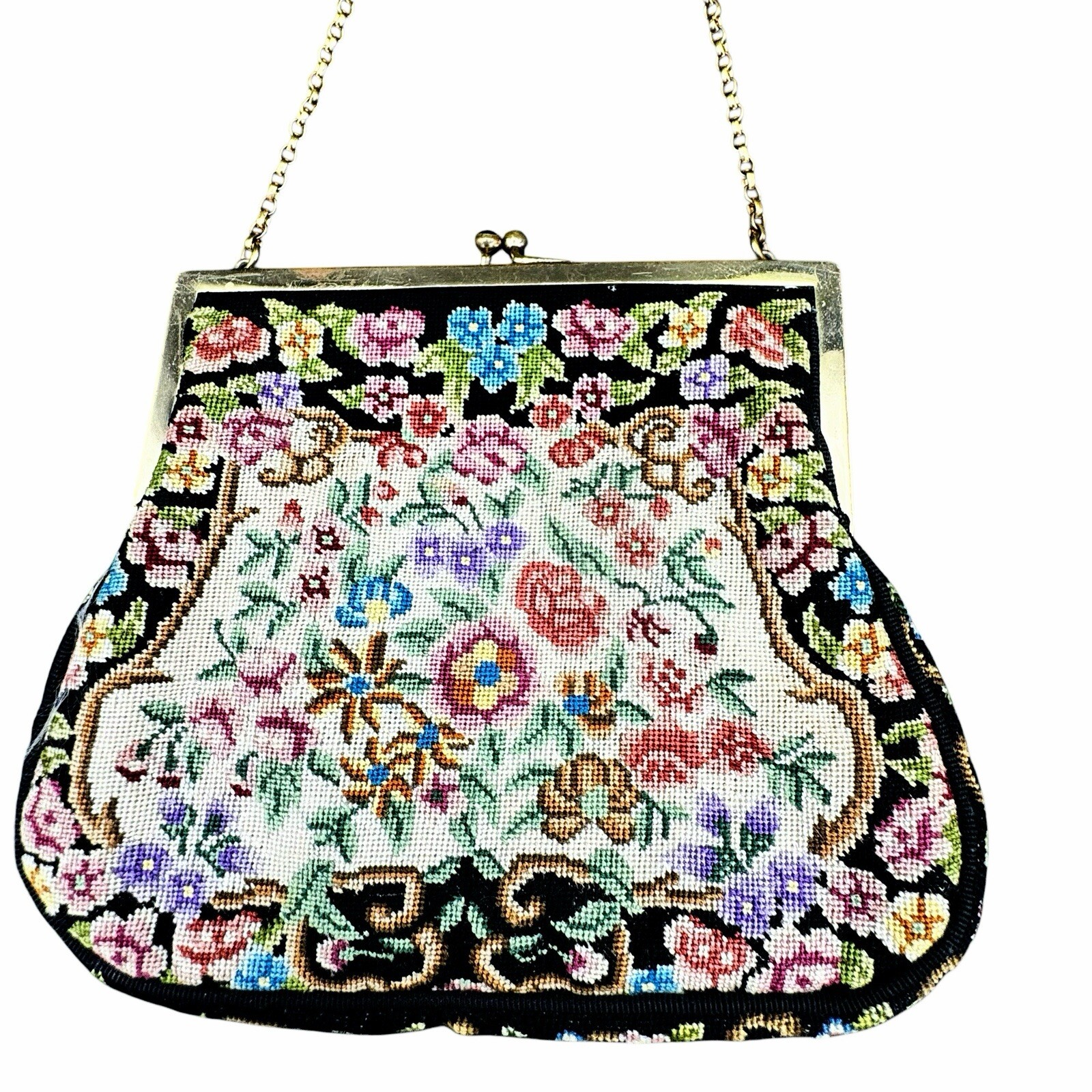 Petit Point Tapestry Needlepoint Bag Purse Delicately Detailed Rhinestone EUC
