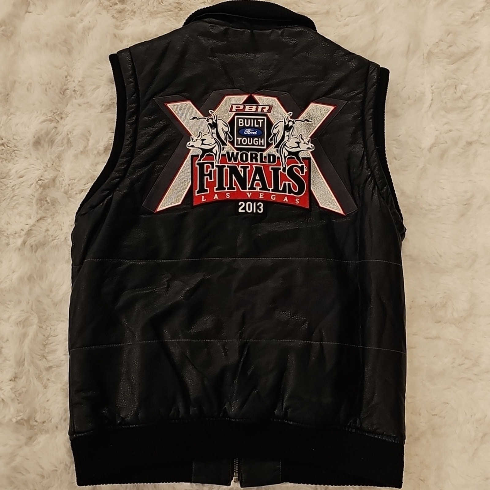 Cripple Creek PBR 2013 World Finals Bull Riding Ford Black Leather Vest Mens S
