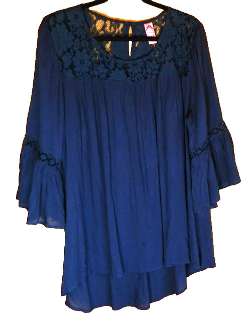 Honeyme Curvy Floral Lace Top Blouse Womens 1X Crochet 3/4 Sleeve Navy Blue Boho