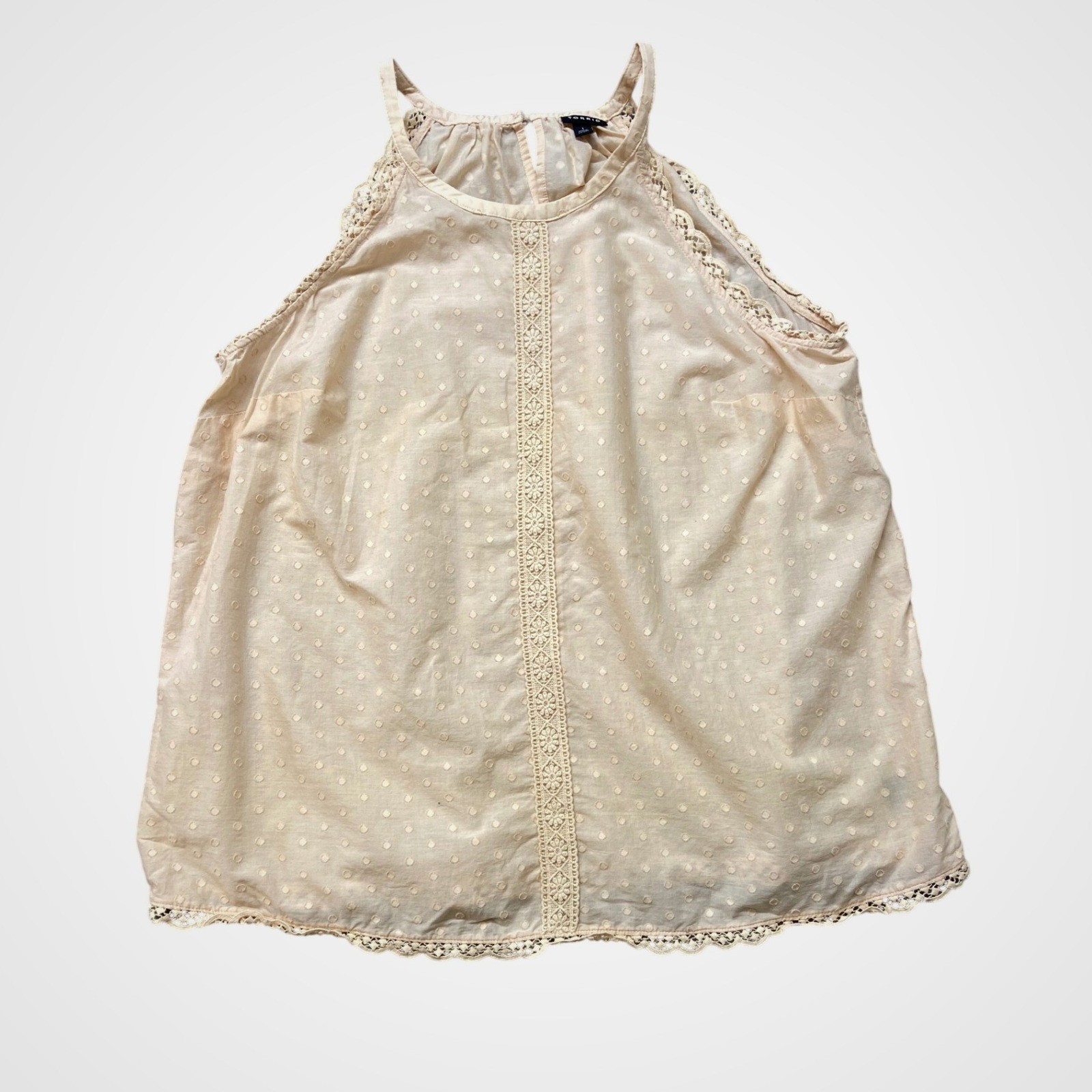 Torrid Womens Peach Clip Dot Lace Trim Halter Top Sleeveless Blouse Size 1 Plus