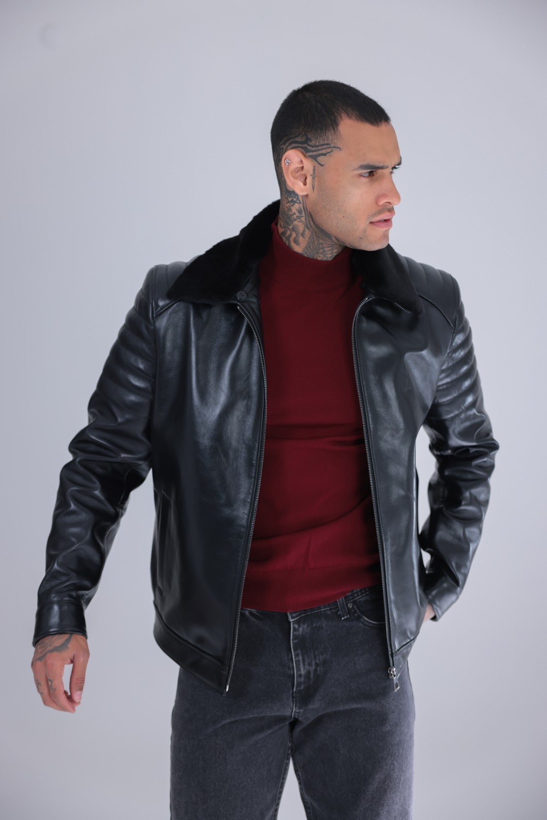 Men’s Genuine Leather Jacket Black Fur Collar Zip Moto Biker Coat 26″ – 65cm