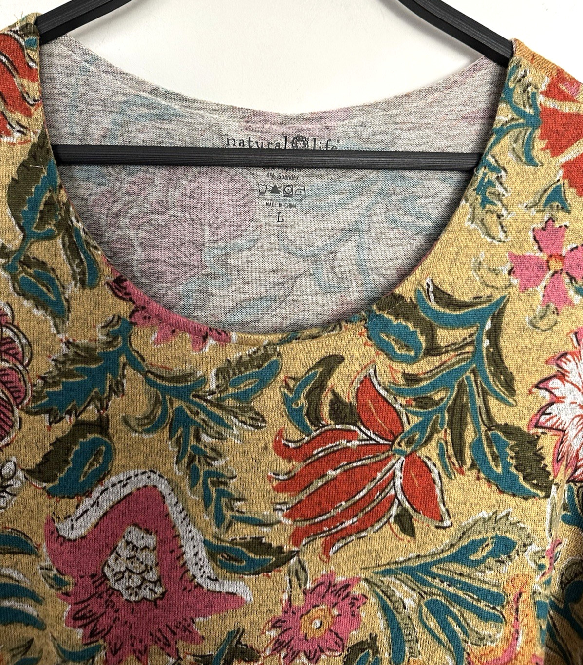 Natural Life Lottie Dress Mustard Floral Print Knit Long 3/4 Sleeve Pocket Sz L