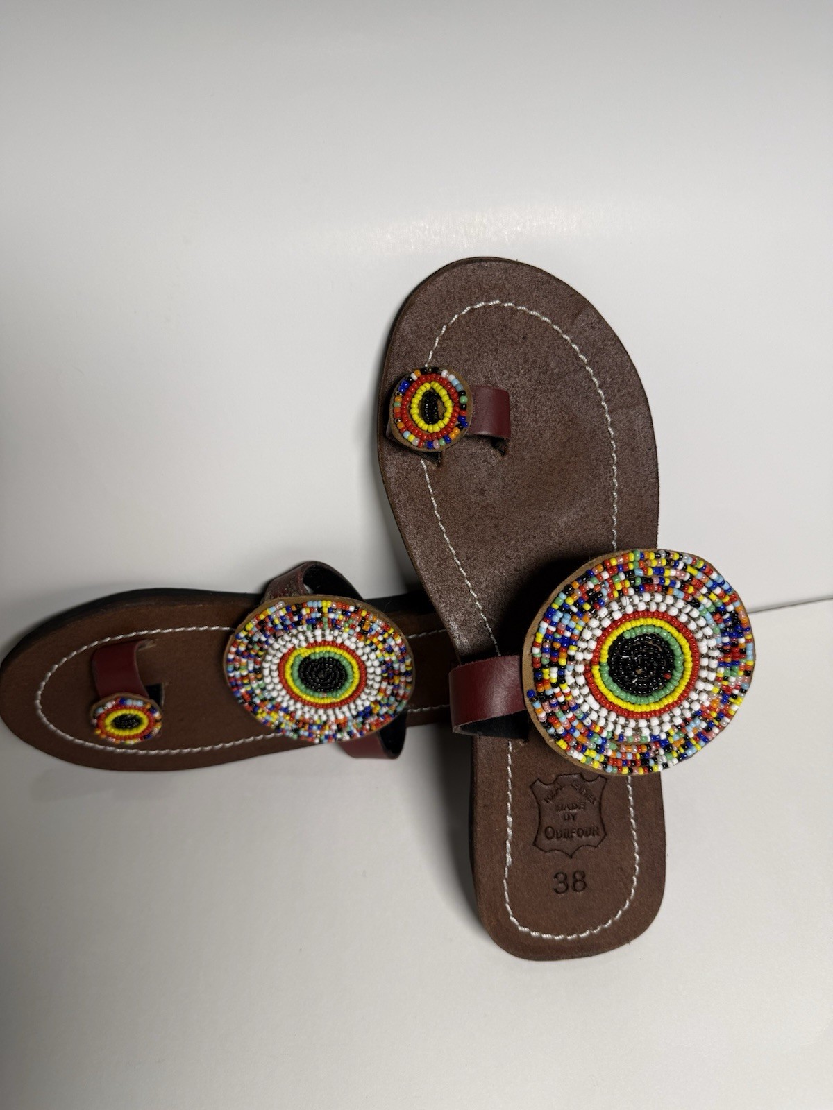 Women’s Brown/Multicolor Handmade Beaded African Thong Leather SlipOn Flat EU 38