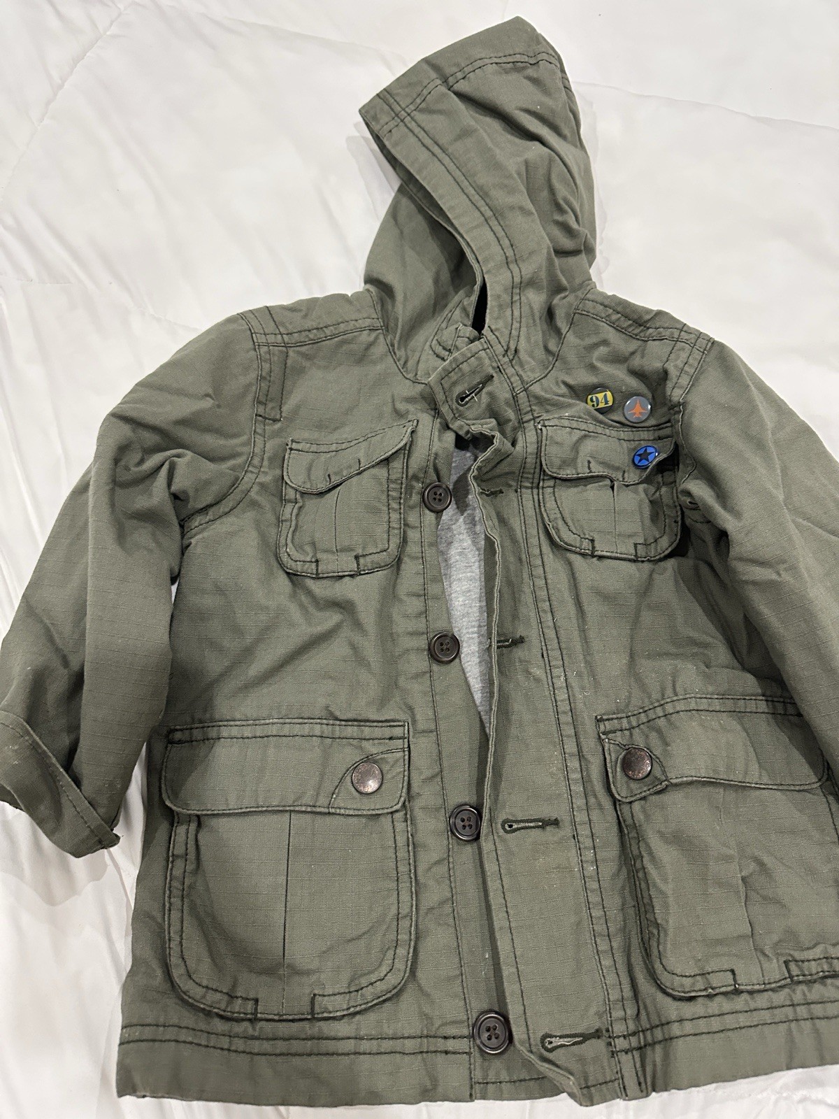 Old Navy 3T Green Hooded Military Jacket Lined Pockets Button Front