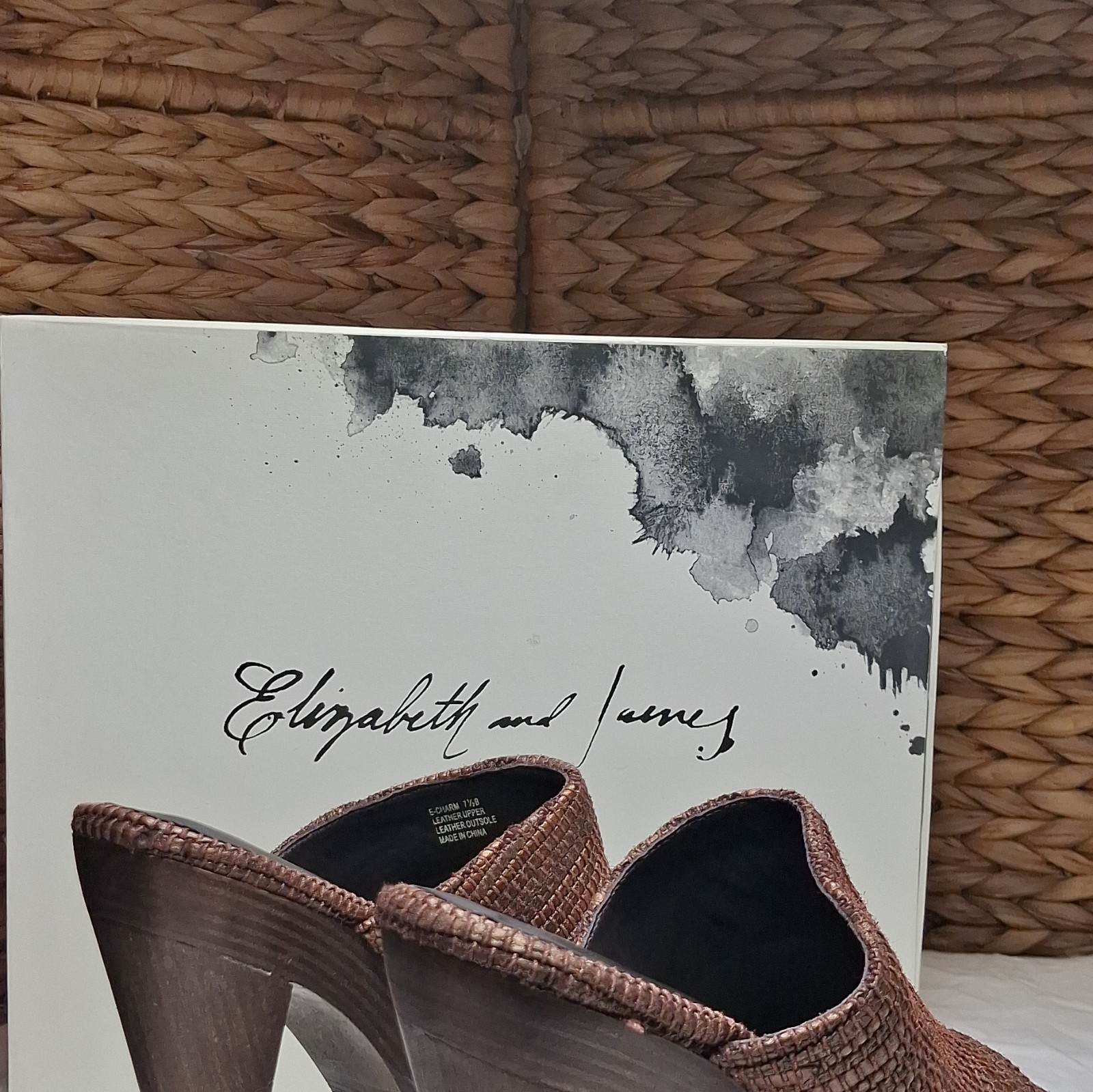 Elizabeth and James Bronze Leather Woven Platform Mule Open Toe Stiletto 7.5