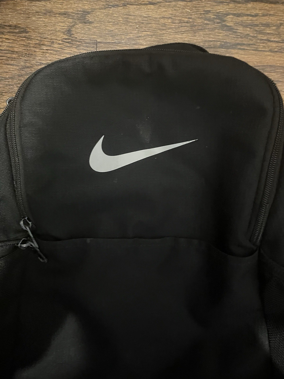 Nike Black Backpack White Swoosh Zip Closure Adjustable Straps Medium
