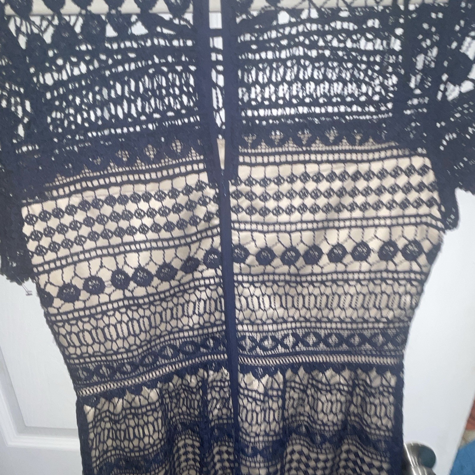 Vince Camuto lace crocheted dress Blue/Beige Lace Overlay Short Sleeve size 14