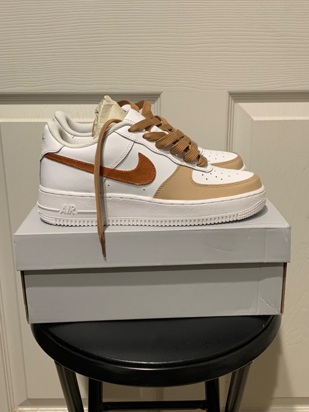 Nike Air Force 1 Low White ( Beige Metallic Copper Custom Swoosh) Tan Laces