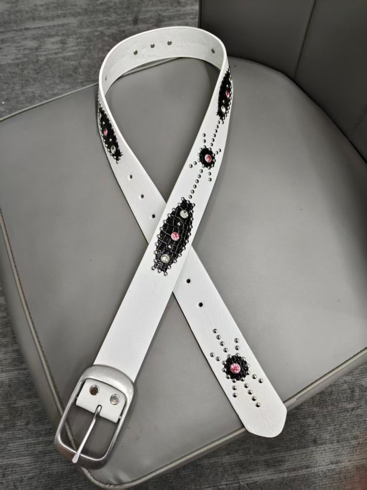 White Western Rhinestone Studded PU Leather Belt – Y2K Cowgirl Bling Buckle Wais