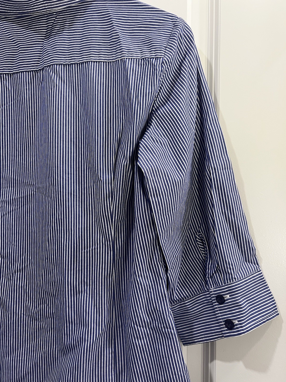 Beechers Brook Womens Blue White Striped Button Down Shirt Size M 3/4 Sleeve