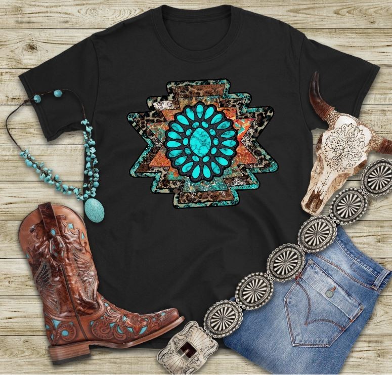 Western Aztec Shirt, NWT, Size M, Country, Cowgirl, Turqoise Tee, Gemstone,