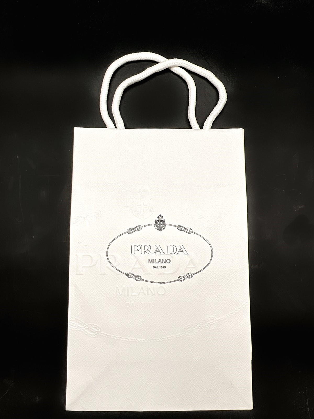 Prada Paper Shopping Gift Bag Embossed White Blue Logo Print 10″ x 6.25″ x 3″