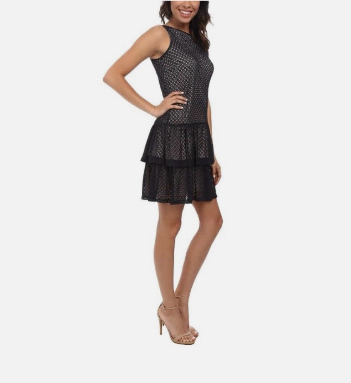 Jessica Simpson Tiered Dress Size 4 Crochet Lace Over Nude Back Bow Navy Blue