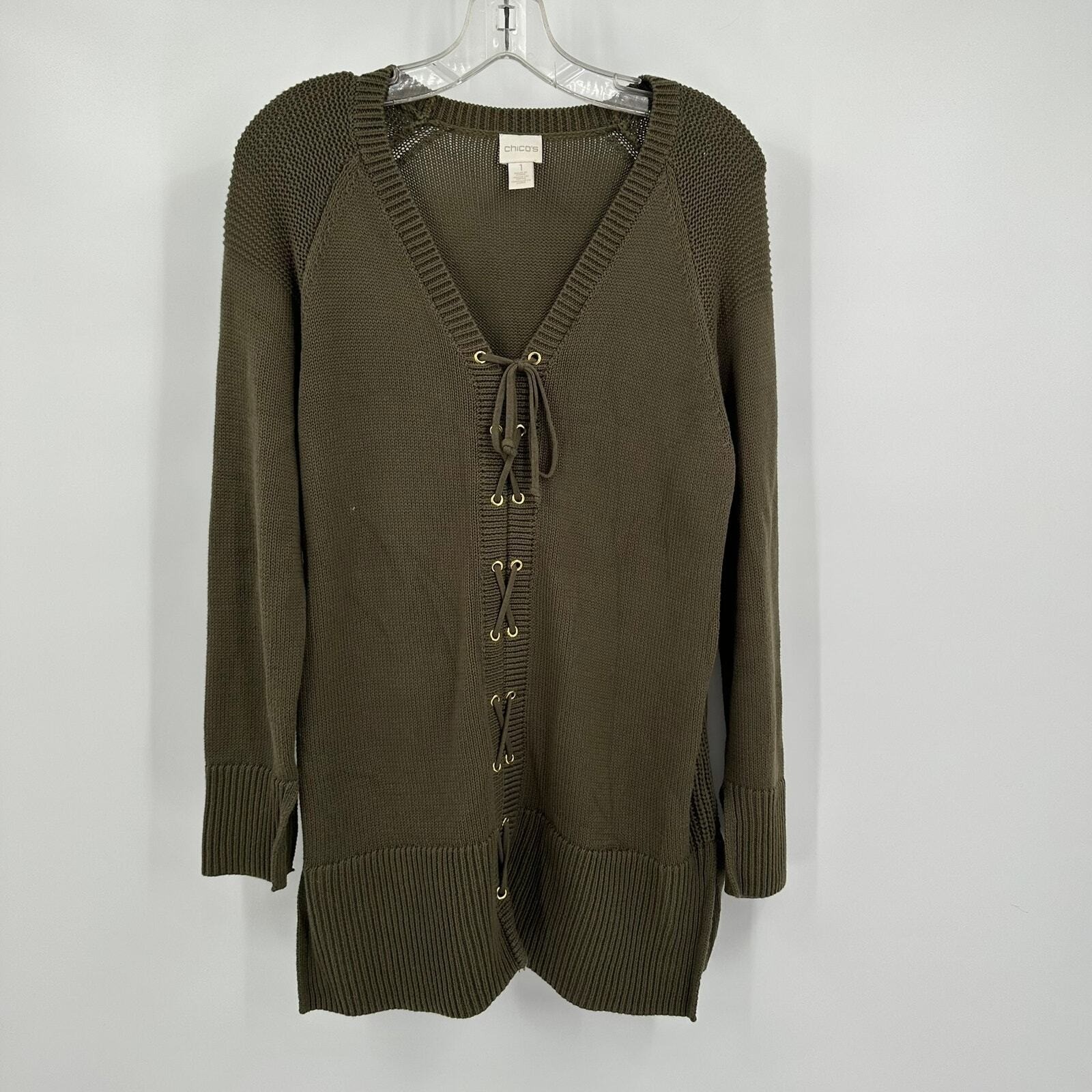 Chicos Womens Old Money Lace Up Knit Sweater Size 1 US M Earth Tone Relaxed