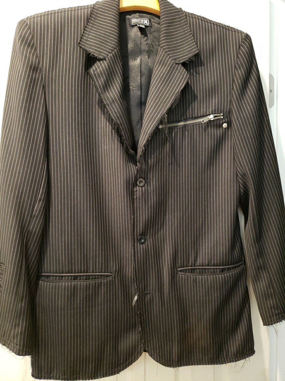 Hurley Edgy Distressed Sport Suit Jacket Button Up Black Stripe Goth Frayed L