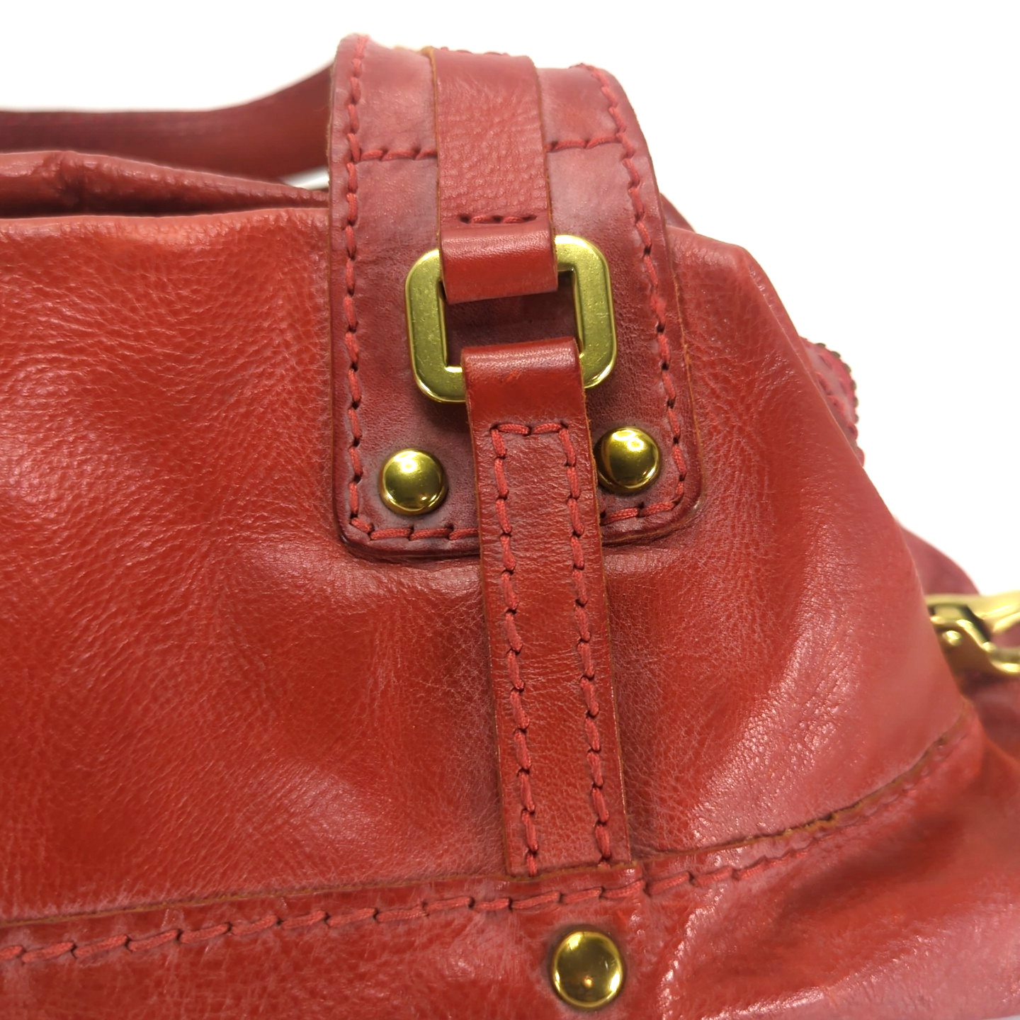 Fossil Fifty Four Handbag Double Handle Red/Tan Gold Tone Hardware 9″H Used