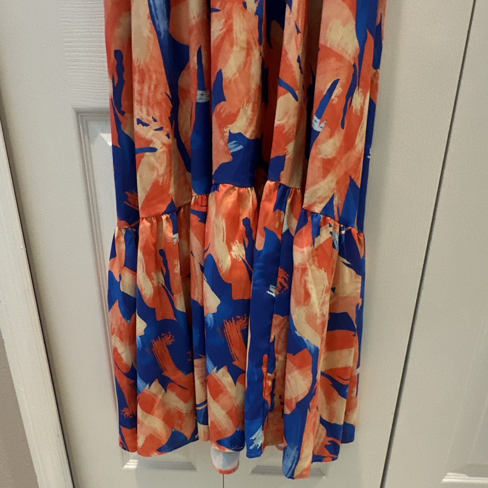 Grace Karin Blue Orange Beige Abstract V-Neck Smocked Bow Maxi Dress L
