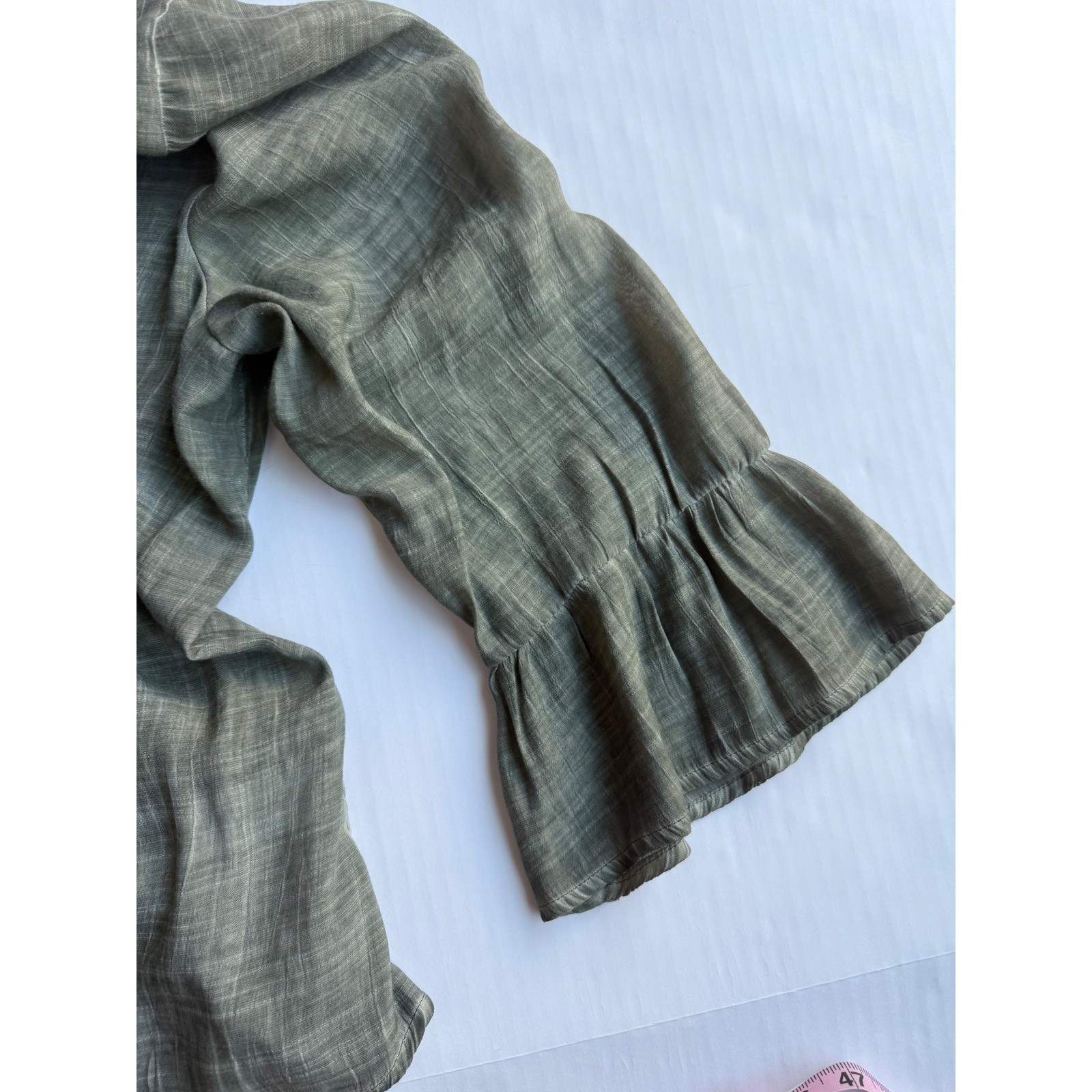 Spense Olive Green Embroidered Boho Blouse Lace Trim Ruffle Sleeve Top XL