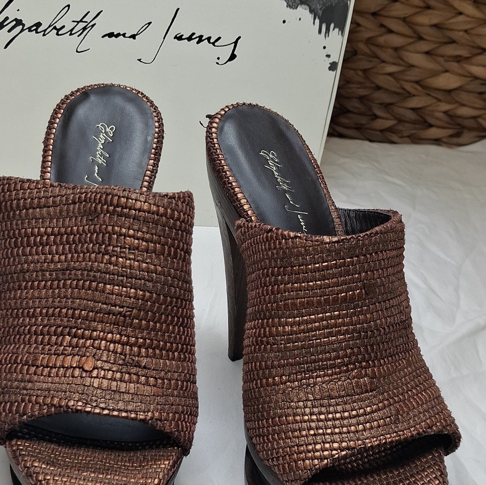 Elizabeth and James Bronze Leather Woven Platform Mule Open Toe Stiletto 7.5
