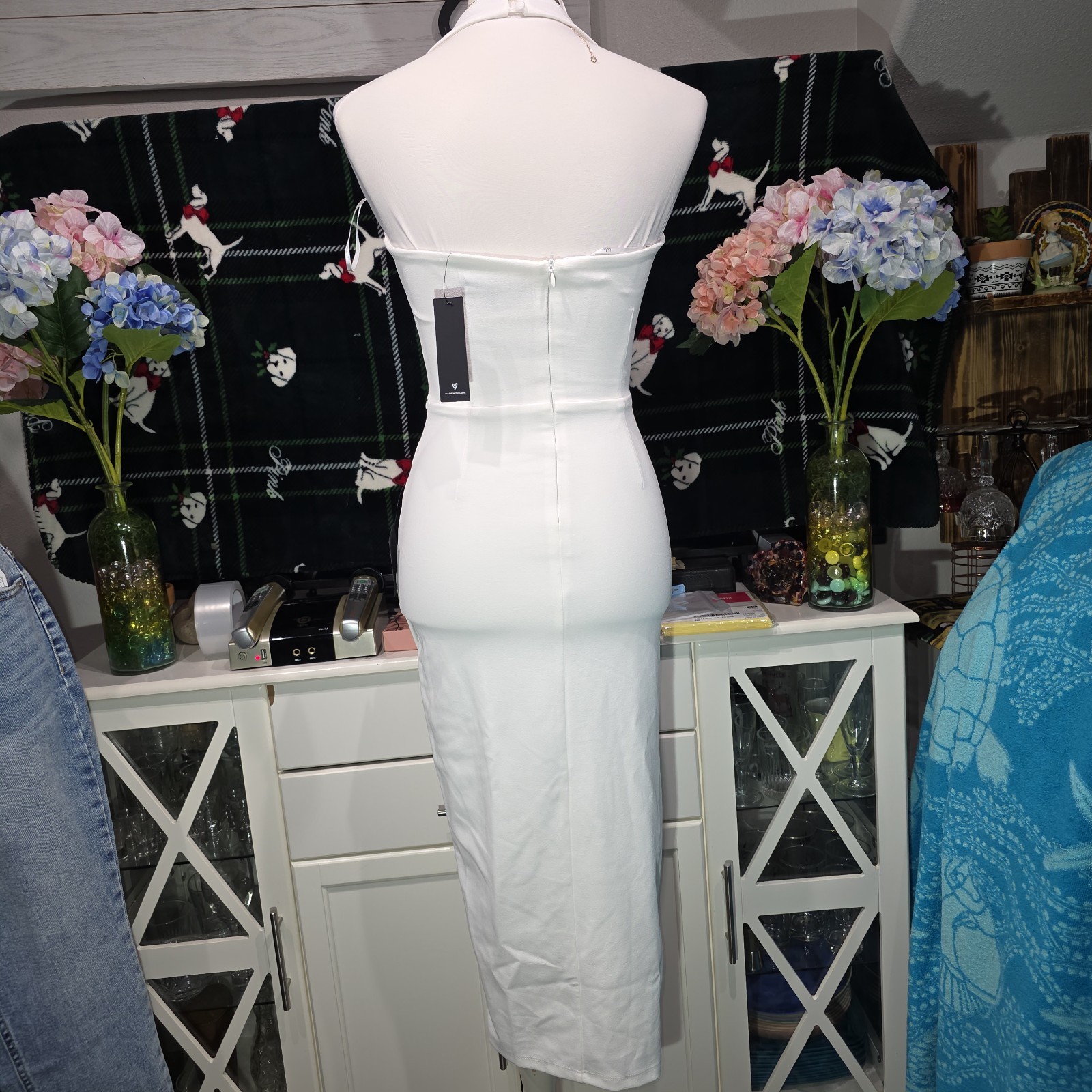 Lulus Prominent Charm White Halter Bodycon Tulip Midi Dress Size XS New NWT