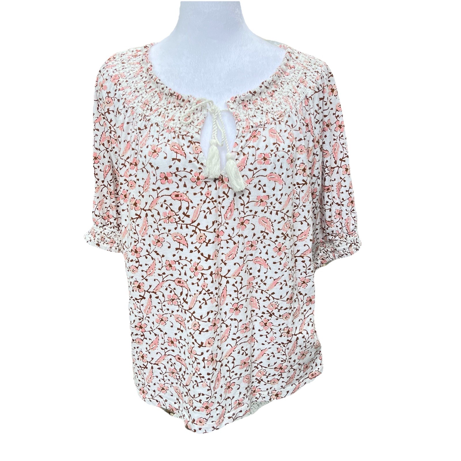 Lucky Brand Blouse Women Large Pink White Floral Keyhole Tassels Tie Cotton Top