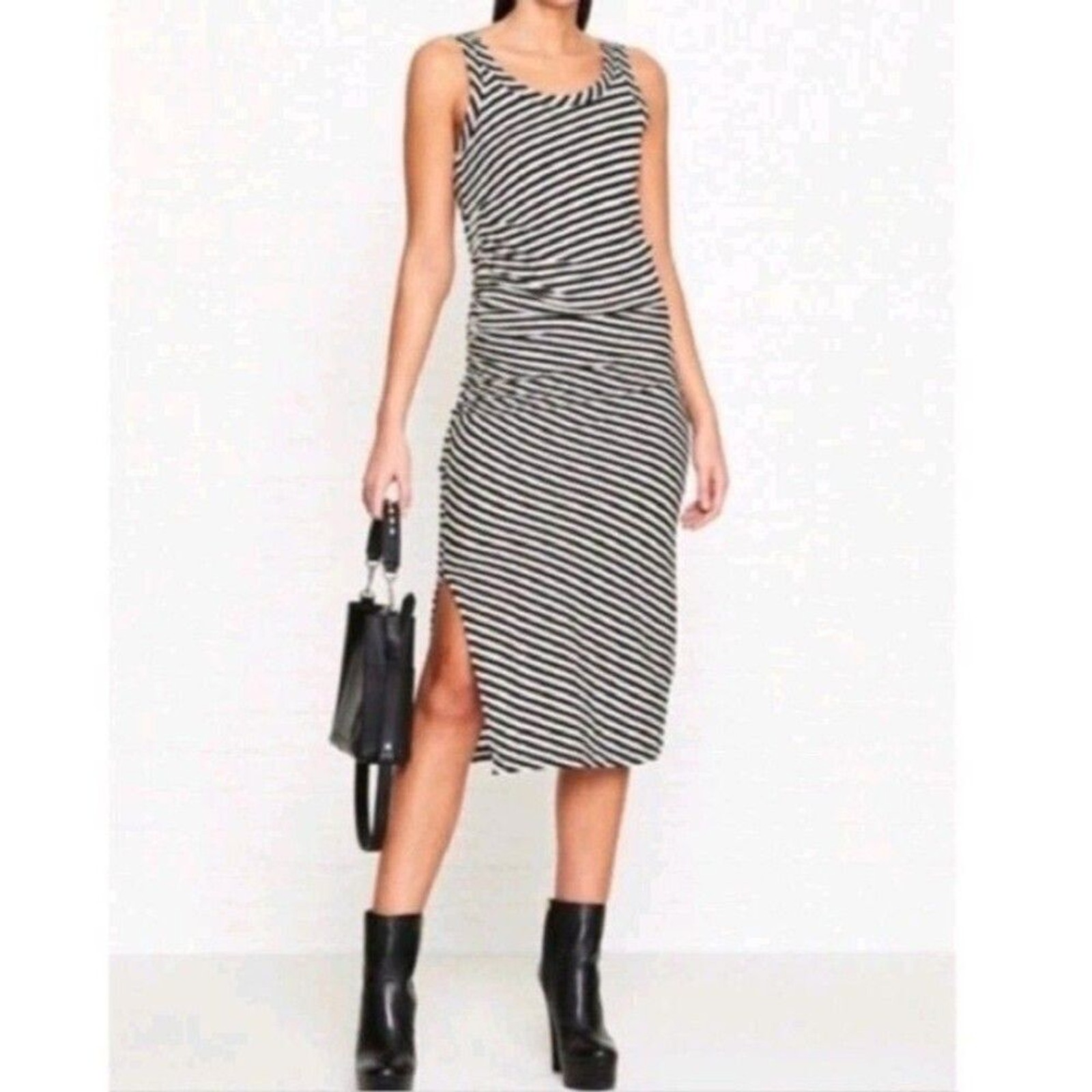 All Saints Tina T-Shirt Dress Size L Stripe Black Sleeveless Side-Slits Cotton