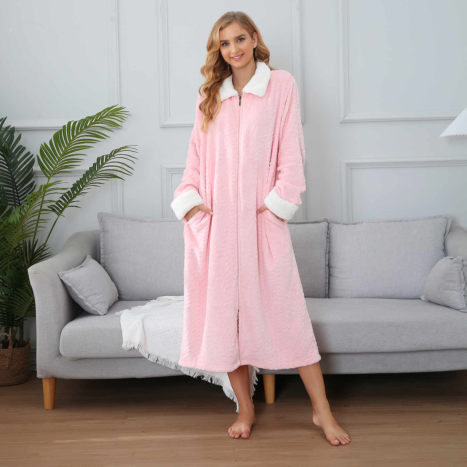 RH Women Fleece Robe Plush Long Zip Front Warm Soft Zippered Bathrobes RHW4047