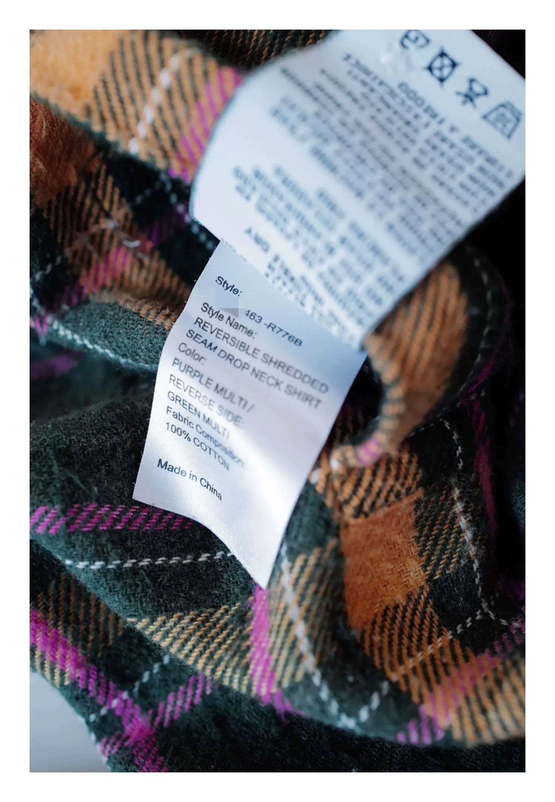 R13 26SS Reversible Shredded Seam Drop Neck Shirt purple multi/green Size S