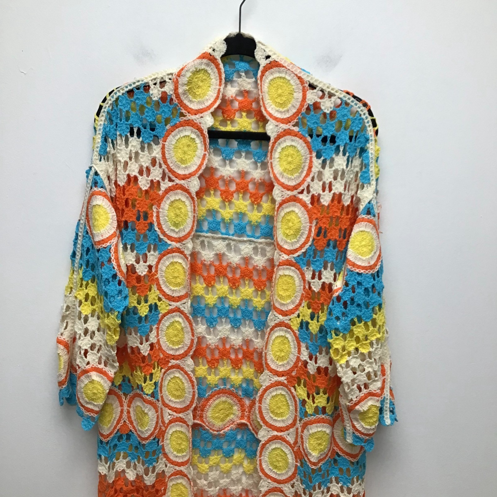 POL Crochet Duster Cardigan Womens Striped Boho Open-Knit Sweater One Size