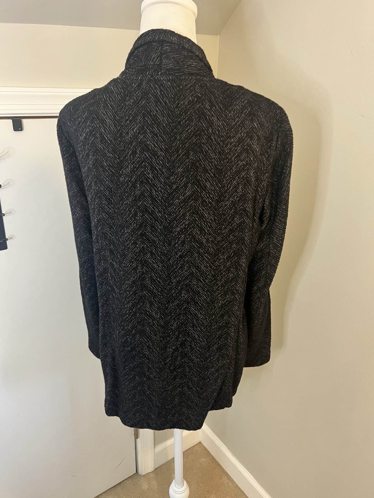 Eileen Fisher Herringbone Gray And Black Black Wool Blend Blazer Jacket Large