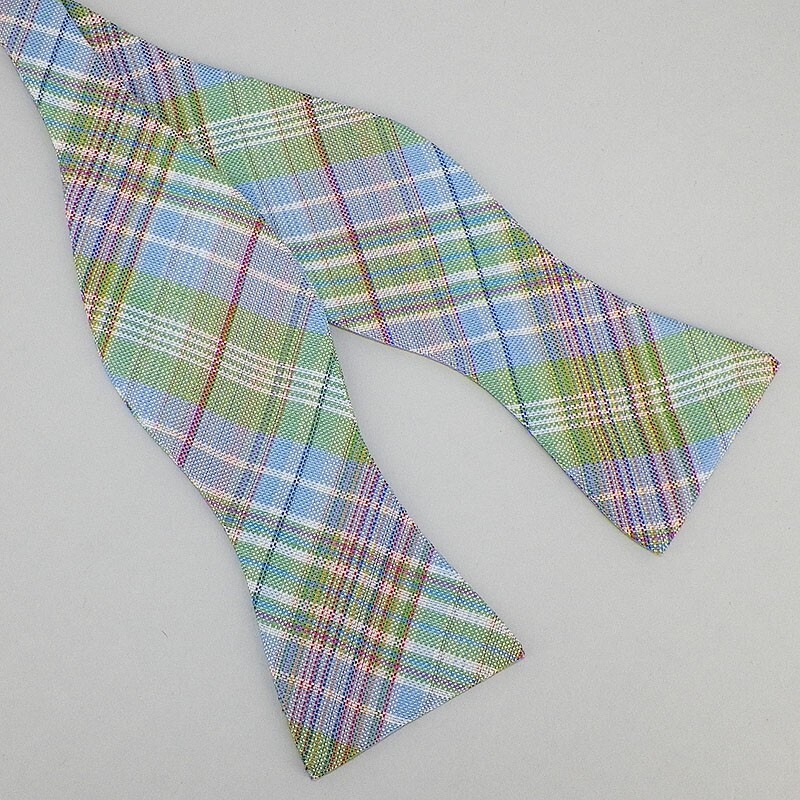 ROBERT TALBOTT Mens Blue Green Red PLAID Woven Silk Linen Bow Tie Italy NWT