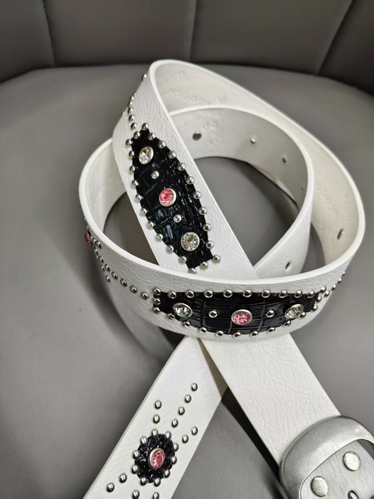 White Western Rhinestone Studded PU Leather Belt – Y2K Cowgirl Bling Buckle Wais