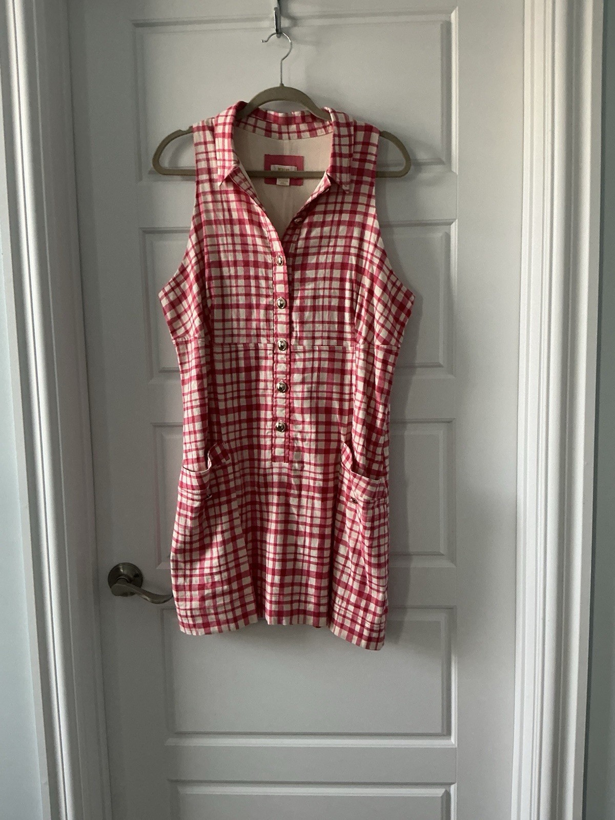 Maeve Pink/White Gingham Collared Shirt Dress Button Front Pockets Lined XL