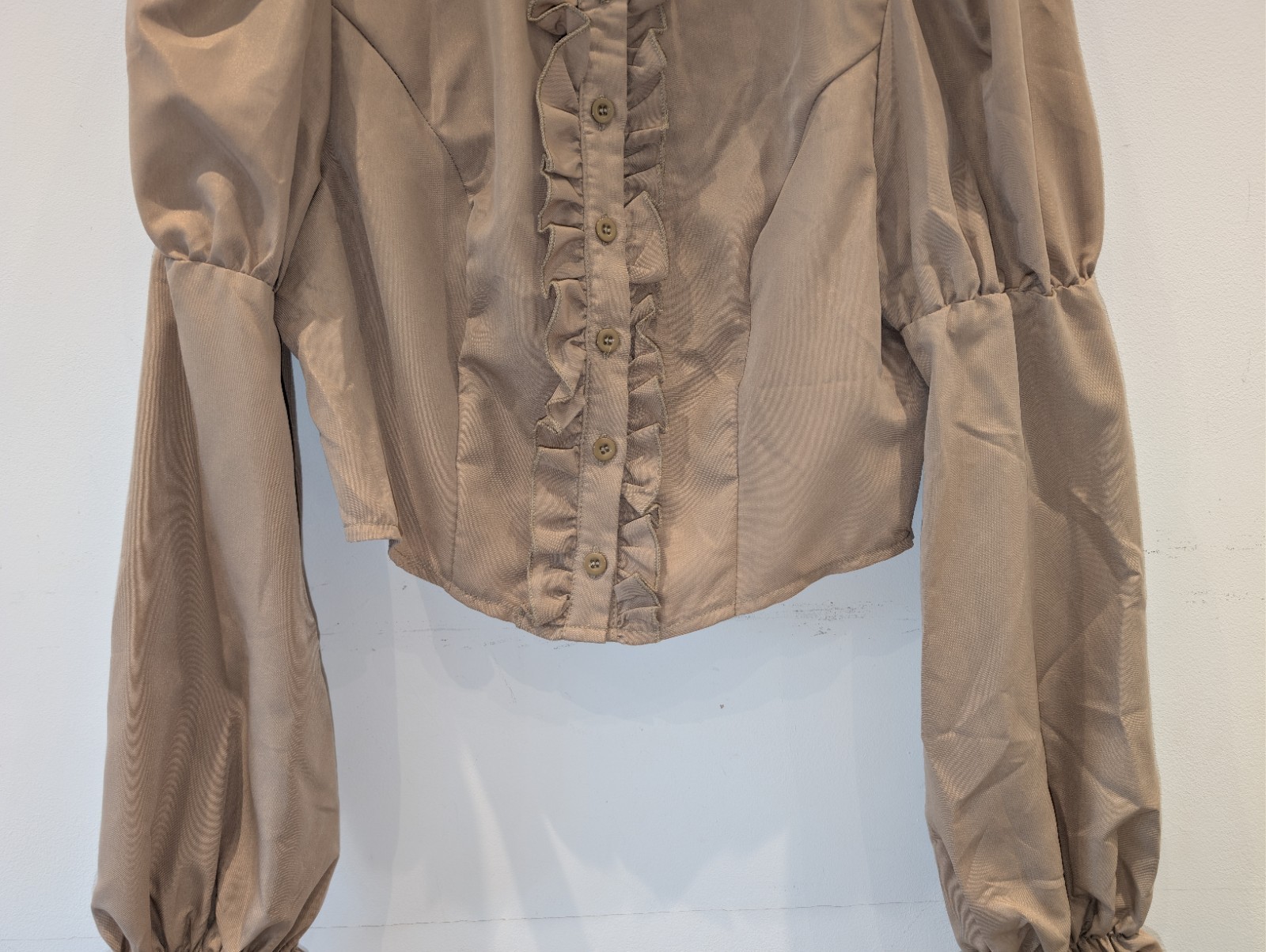 SHEIN Womens Large Beige Ruffle Blouse Puff Sleeve High Neck Button Front Top GC
