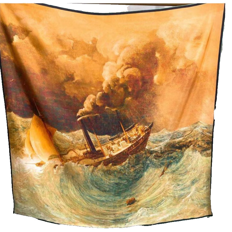 35″x35″Boat in Waves Print Pure Mulberry Twill Silk18momme Double-sided Scarf651