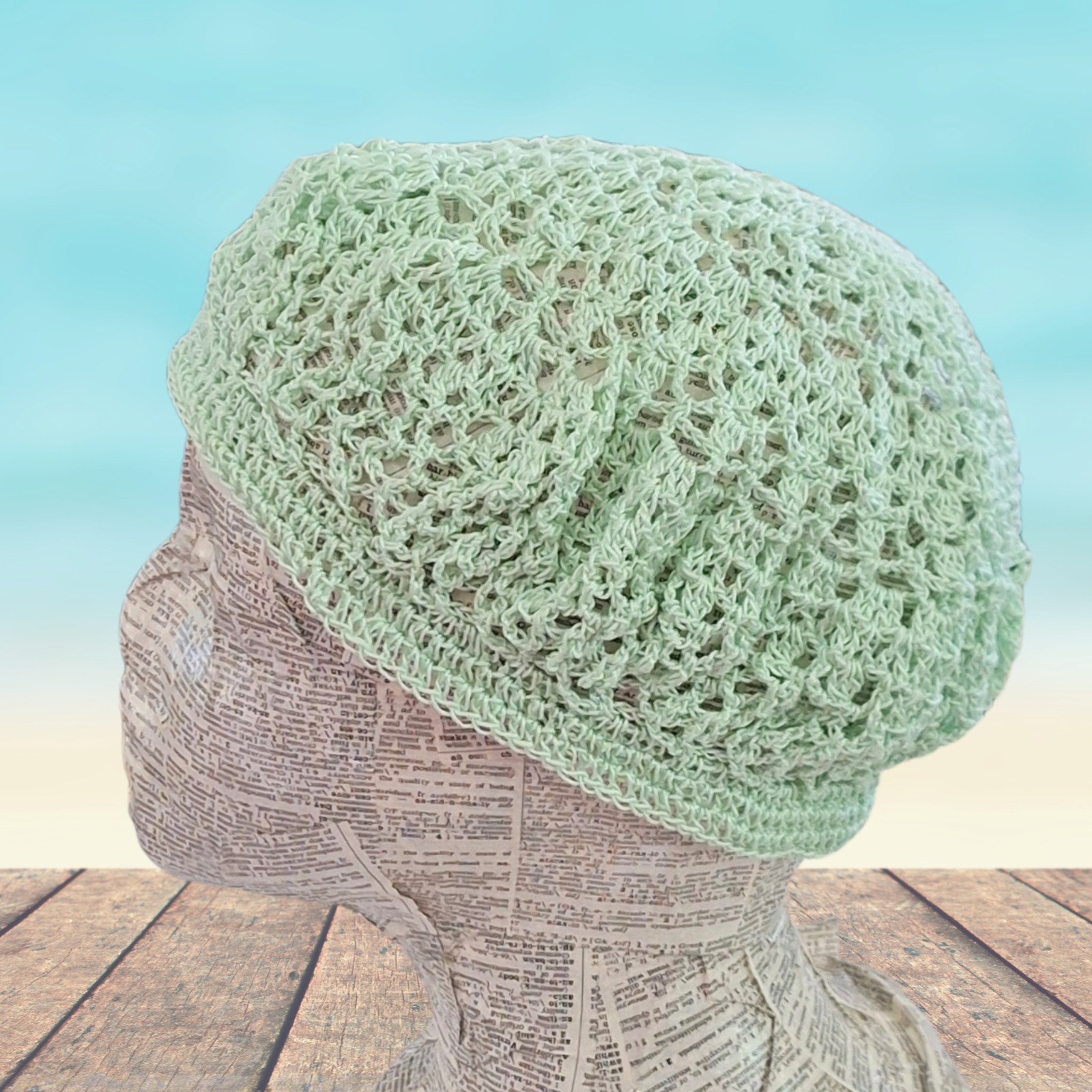 Crochet Lace “Boho” Hat – Light Green Cotton – Adult One Size