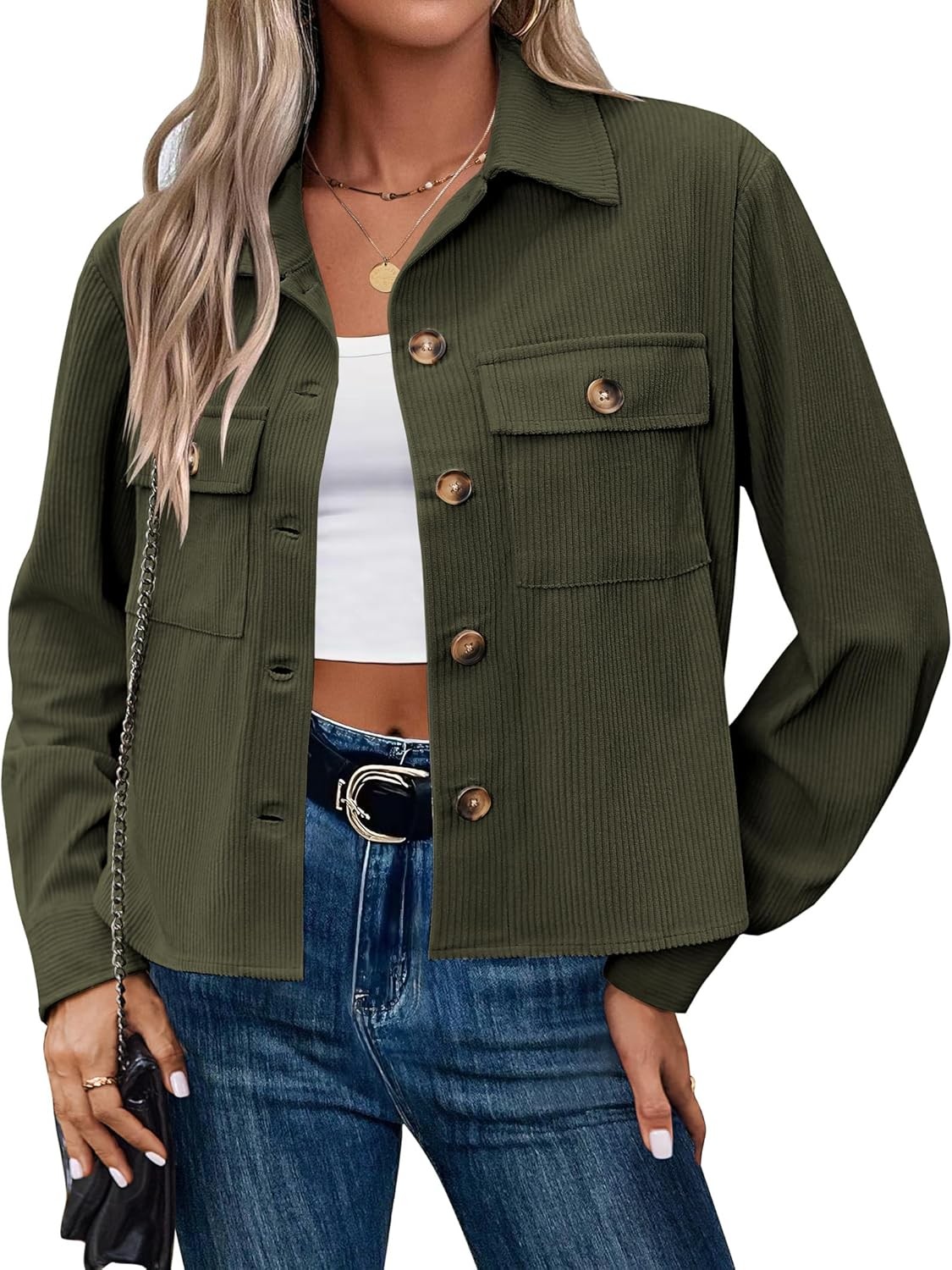 Women Cropped Corduroy Shackets Button Down Jackets Tops Fall long Sleeve Shirt