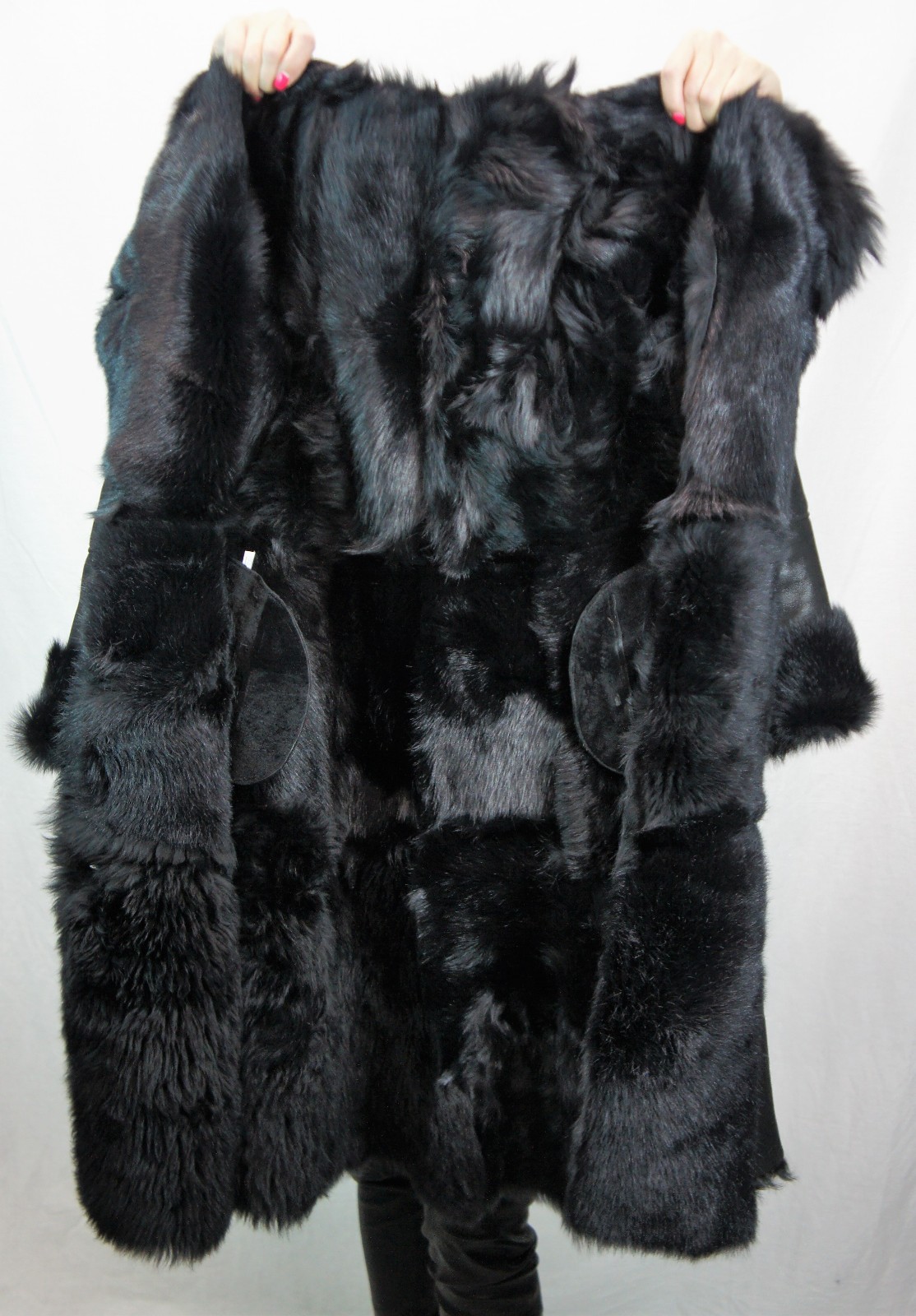 REAL 100% Sheepskin Shearling Leather Toscana Long Coat Hood DAKOTA BLACK XS-6XL