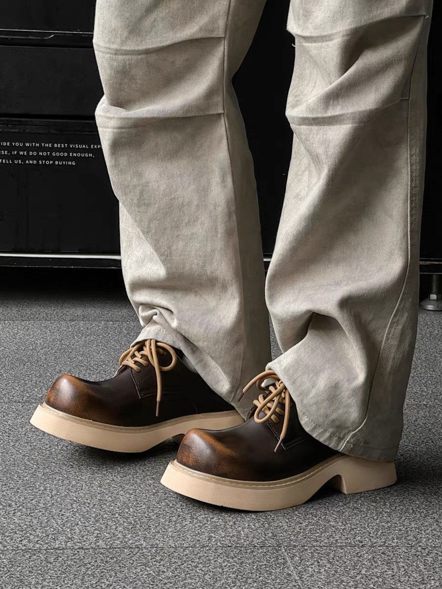 British Men’s Big Round Toe Platform Derby Leather Shoes Formal Extra Wide Foot